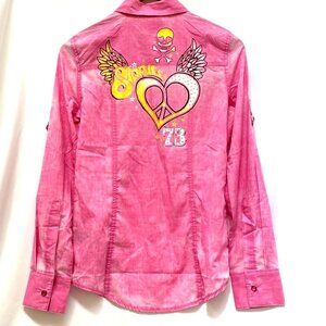 Sinful by Affliction Womens Pearl Snap Shirt Sz S Pink Maven Tattoo Rhinestones